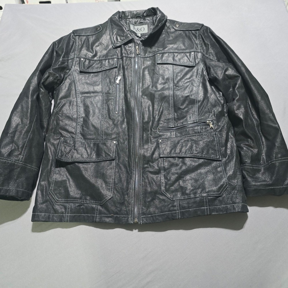 R&O  Mens Black Leather Jacket Quilted Lining Field Coat Large Biker